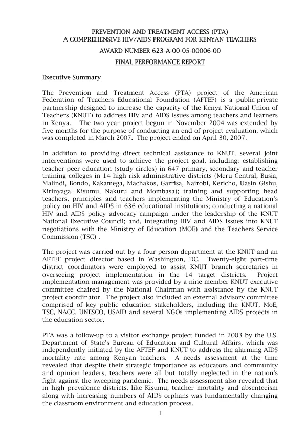 Prevention and treatment access (PTA) : a comprehensive HIV/AIDS program for Kenyan teachers -- award number 623-A-00-05-00006-00 : final performance report