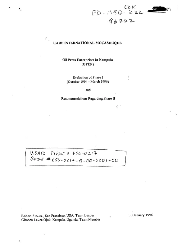 Care International Mocambique : oil press enterprises in Nampula (OPEN) : evaluation of phase 1 (October 1994-March 1996) and recommendations regarding phase II