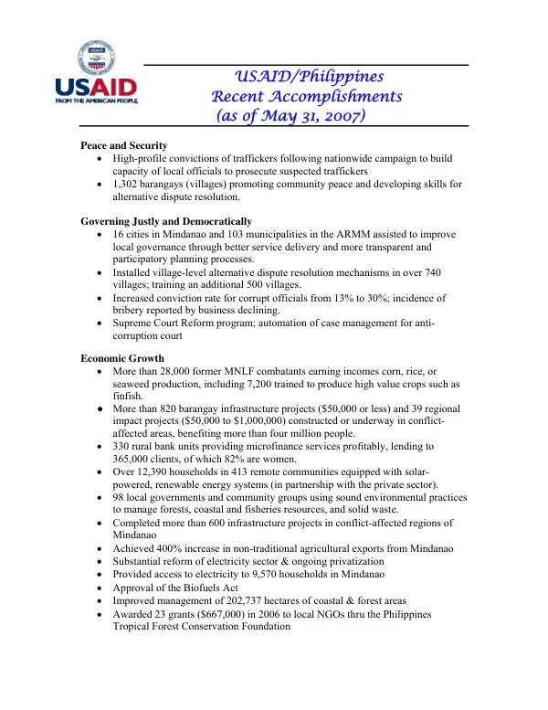 USAID/Philippines recent accomplishments (as of May 31, 2007)