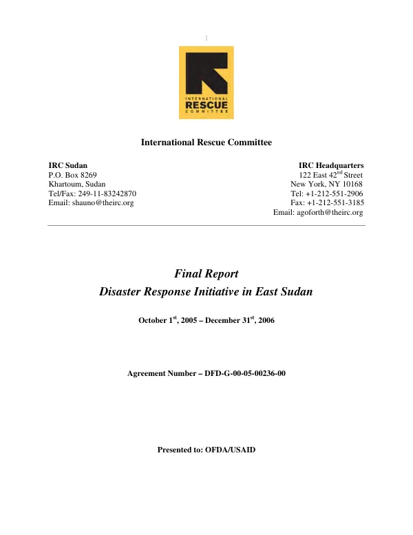 Final report : disaster response initiative in east Sudan, October 1st, 2005-December 31st, 2006