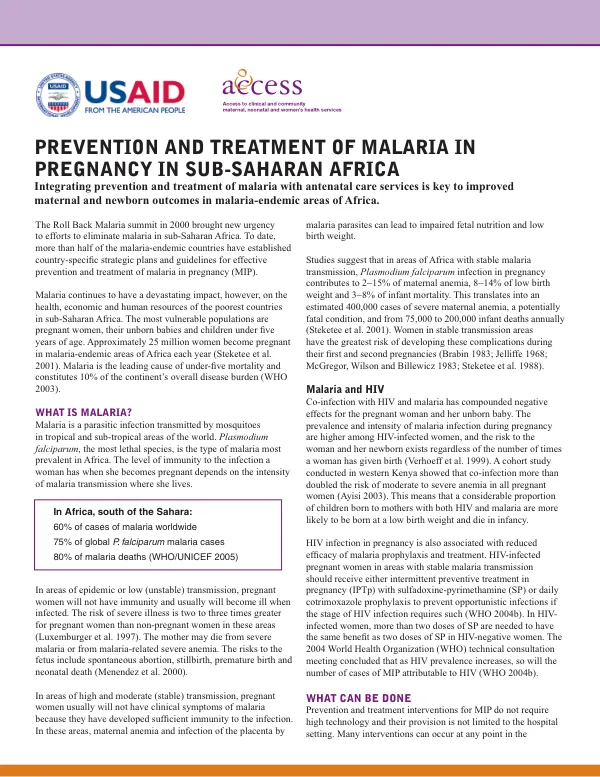 Prevention and treatment of malaria in pregnancy in sub-Saharan Africa