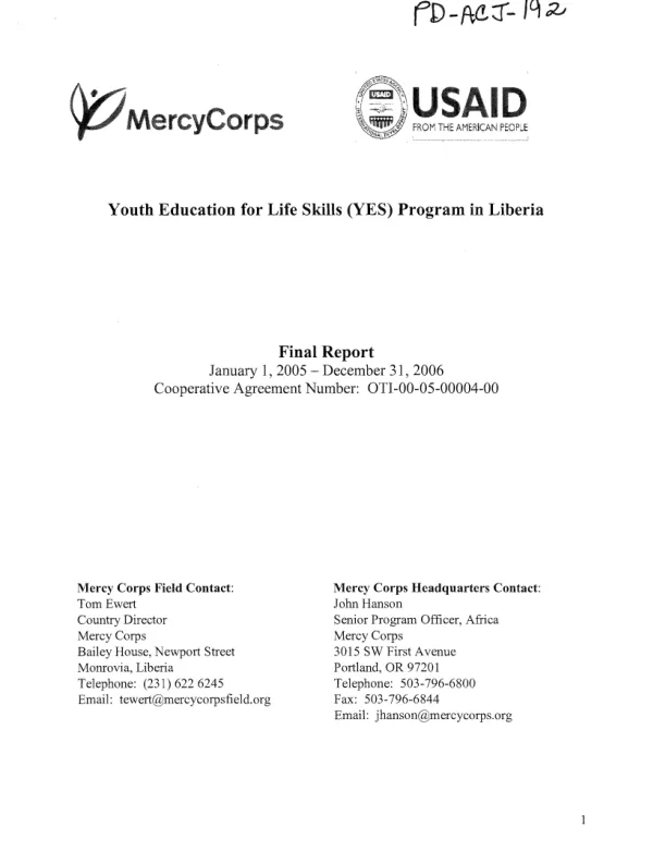 Youth education for life skills (YES) program in Liberia : final report, January 1, 2005-December 31, 2006