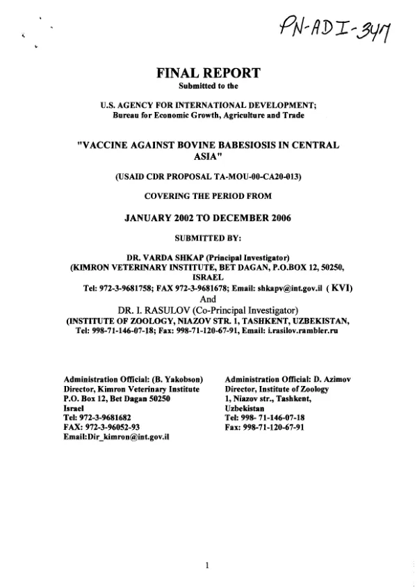 Final report : vaccine against bovine babesiosis in Central Asia -- covering the period from January 2002 to December 2006