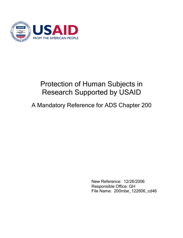 Protection of human subjects in research supported by USAID : a mandatory reference for ADS chapter 200