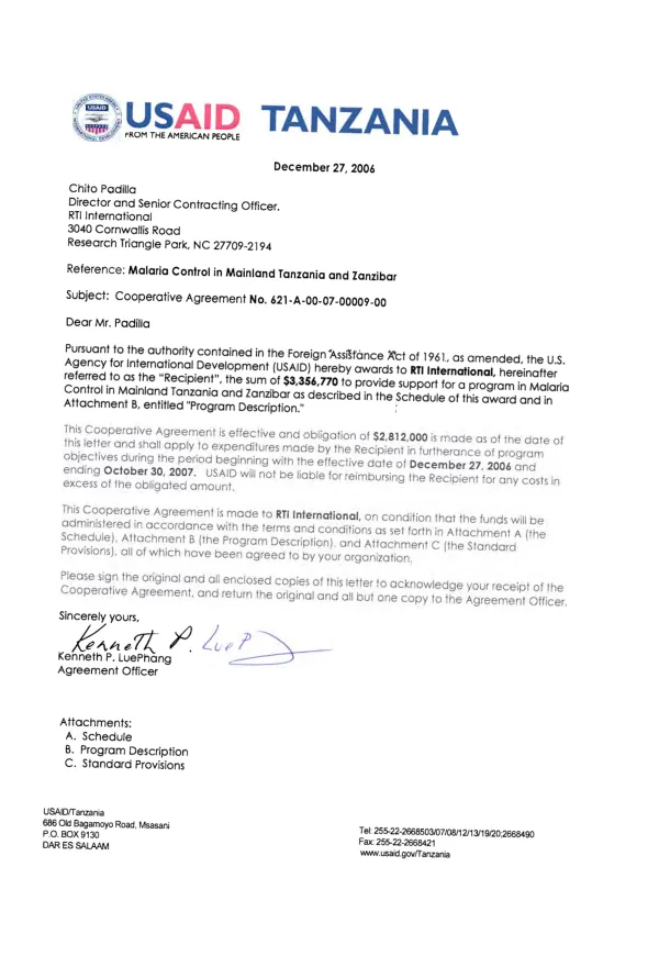 Malaria control in mainland Tanzania and Zanzibar : cooperative agreement no. 621-A-00-07-00009-00