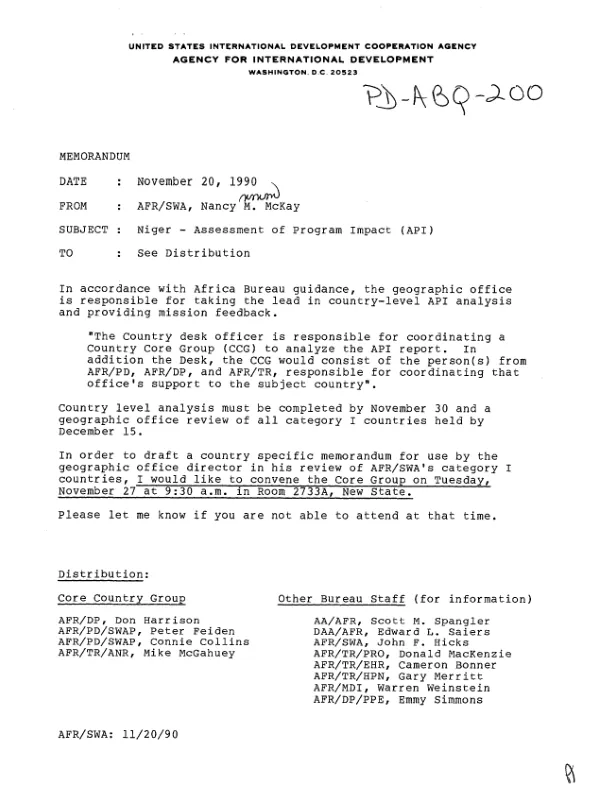 Niger -- assessment of program impact (API)