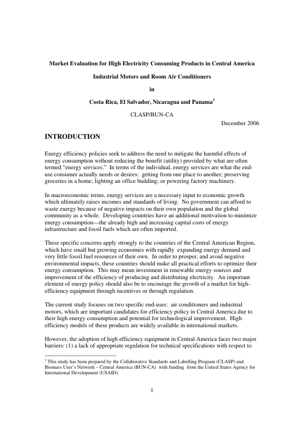 Market evaluation for high electricity consuming products in Central America Industrial motors and room air conditioners in Costa Rica, El Salvador, Nicaragua and Panama