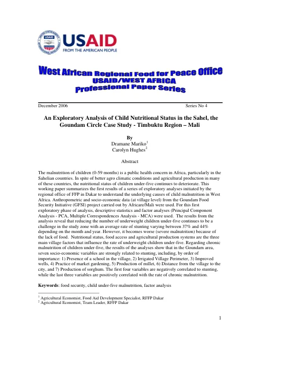 An exploratory analysis of child nutritional status in the Sahel, the Goundam Circle case study - Timbuktu region - Mali