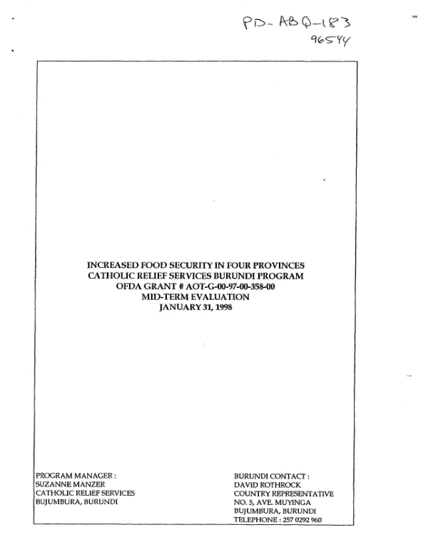 Increased food security in four provinces : Catholic Relief Services Burundi program -- OFDA grant # AOT-G-00-97-00-358-00 : mid-term evaluation