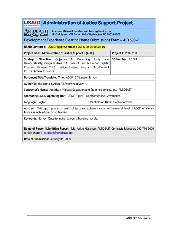 Alexandria 2nd survey final report : conducting lawyers survey -- Alexandria Court of First Instance, no. 2