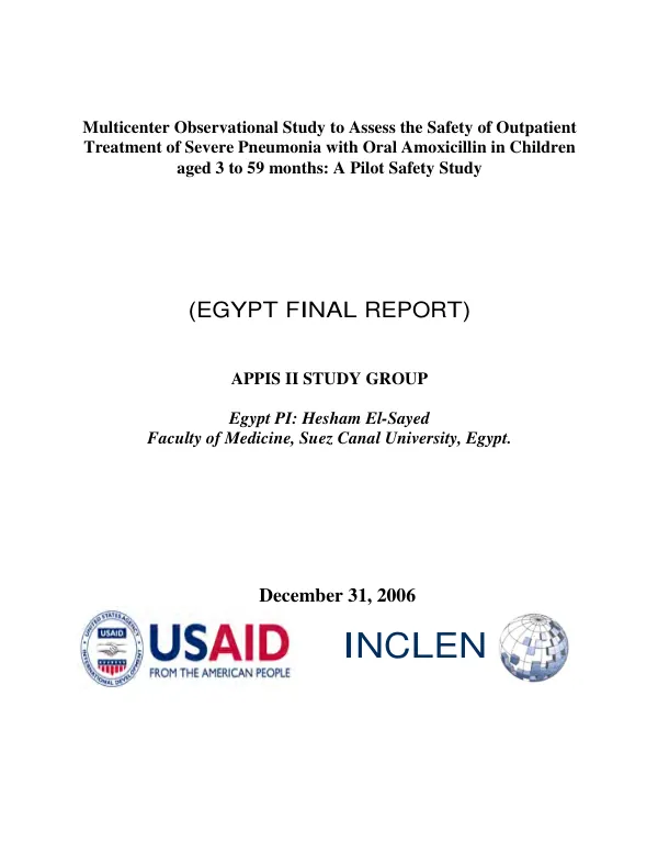 Multicenter observational study to assess the safety of outpatient treatment of severe pneumonia with oral amoxicillin in children aged 3 to 59 months : a pilot safety study -- (Egypt final report)