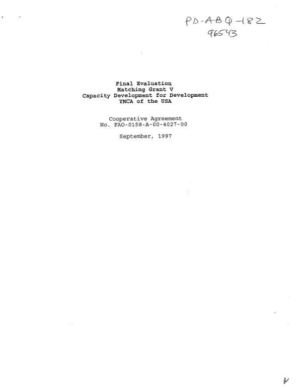 Final evaluation : matching grant V -- capacity development for development : YMCA of the USA -- Cooperative agreement no. FAO-0158-A-00-4027-00