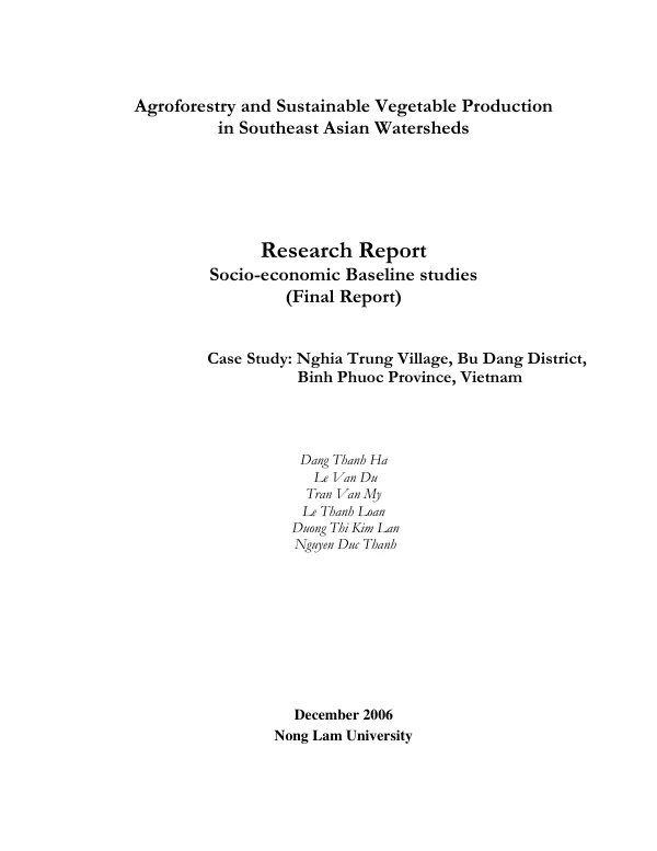 Agroforestry and sustainable vegetable production in Southeast Asian watersheds : research report -- socio-economic baseline studies (final report) : case study -- Nghia Trung Village, Bu Dang District, Binh Phuoc Province, Vietnam
