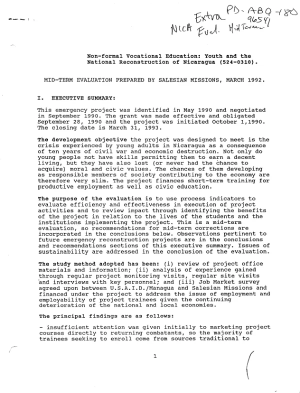 Non-formal vocational education : youth and the national reconstruction of Nicaragua (524-0310) -- mid-term evaluation