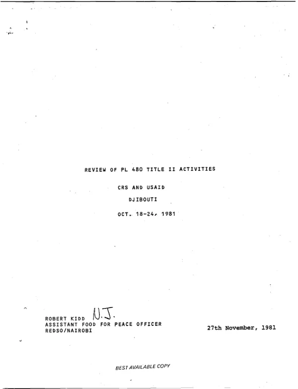 Review of PL-480 Title II activities; CRS and USAID Djibouti; Oct 18-24, 1981