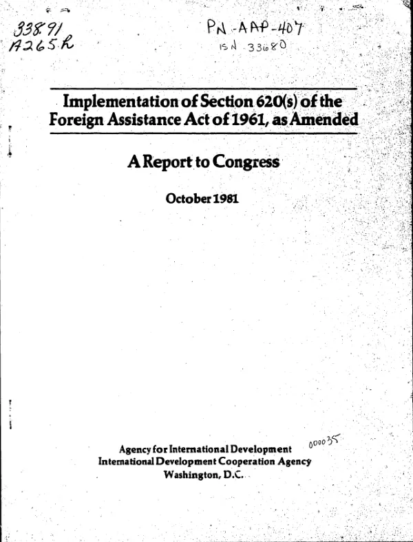 Implementation of Section 620(s) of the Foreign Assistance Act of 1961, as amended : a report to Congress