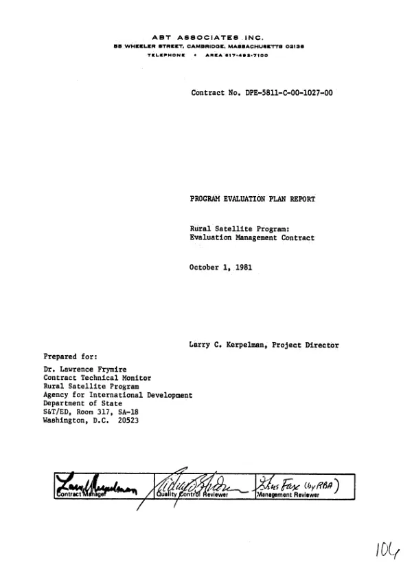 Program evaluation plan report : rural satellite program : evaluation management plan