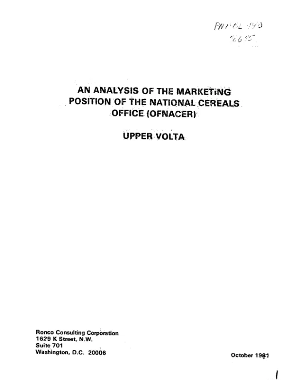 Analysis of the marketing position of the National Cereals Office (OFNACER) : Upper Volta
