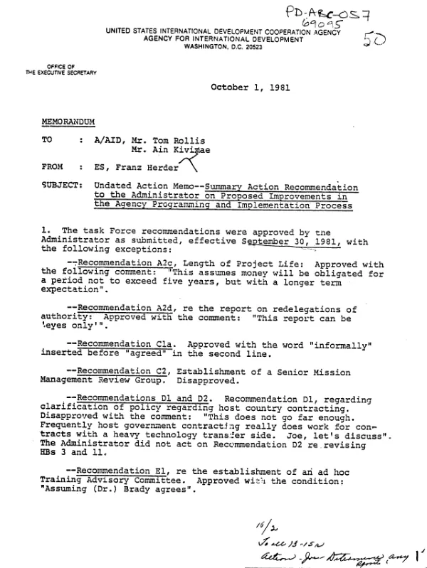 Summary action recommendation to the Administrator on proposed improvements in the Agency programming and implementation process