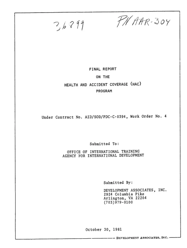 Final report on the health and accident coverage (HAC) program