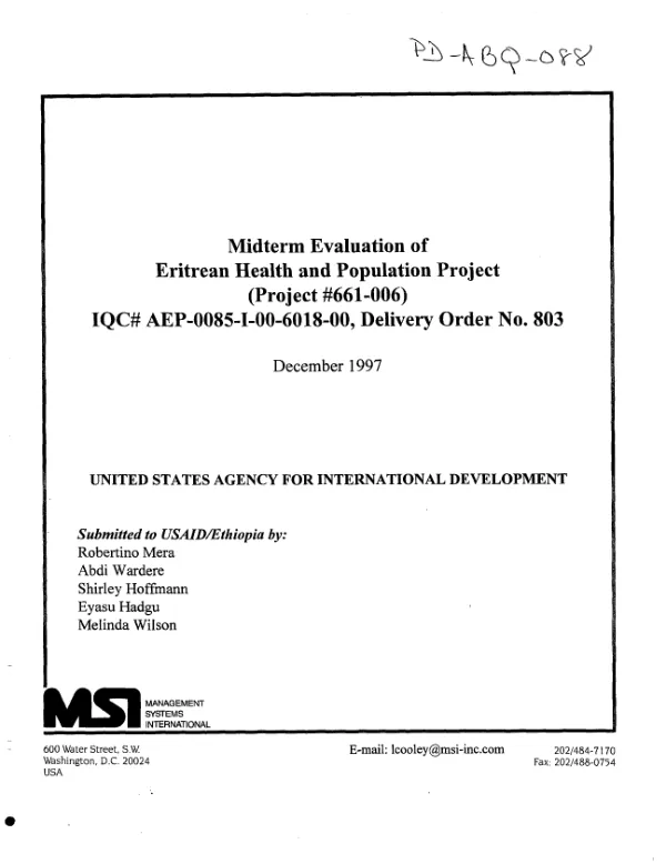 Midterm evaluation of Eritrean health and population project (project #661-006) -- IQC# AEP-0085-I-00-6018-00, delivery order no. 803
