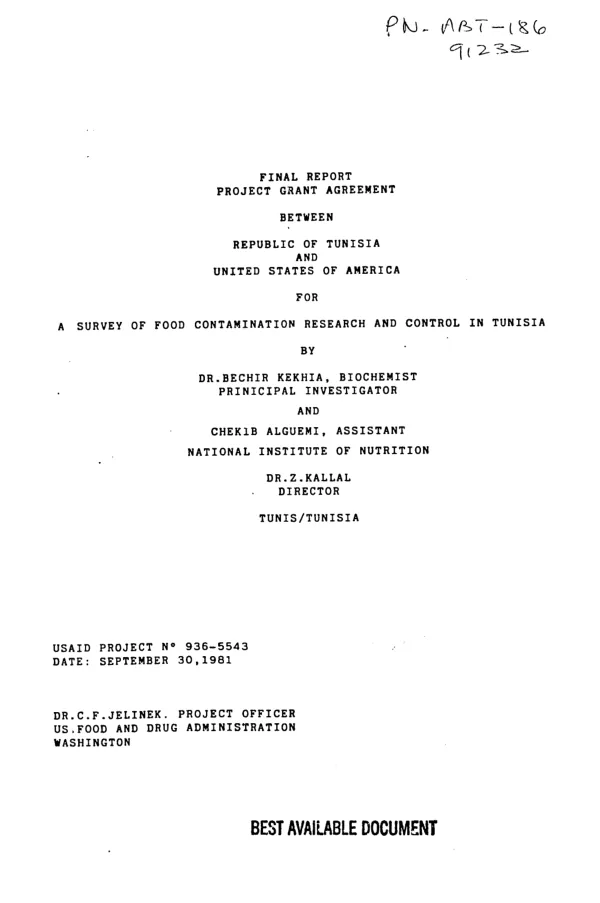 Final report [on a] project grant agreement between Republic of Tunisia and United States of America for a survey for food contamination research and control in Tunisia