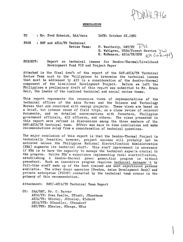 Report on technical concerns raised by the dendro - thermal component of the Philippine livelihood development project