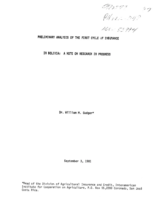 Preliminary analysis of the first cycle of insurance in Bolivia : a note on research in progress