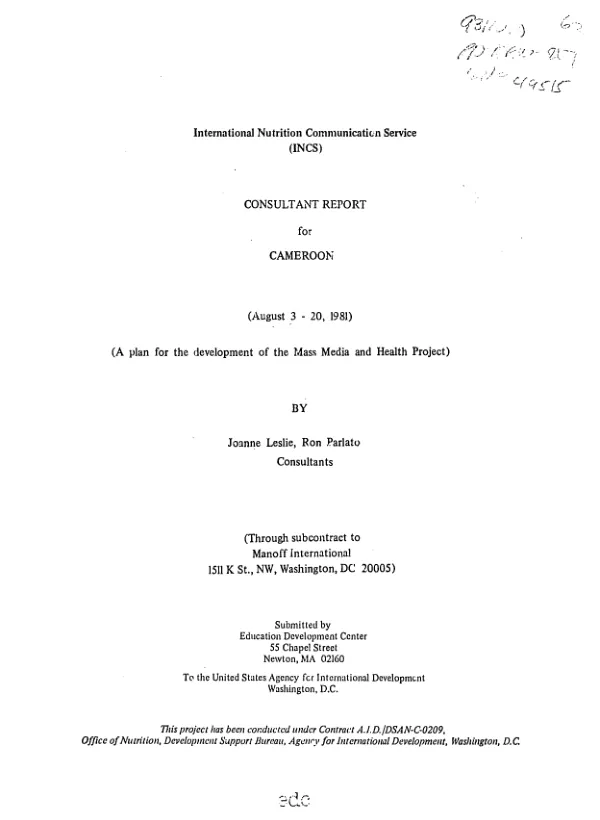 Consultant report for Cameroon (August 3-20, 1981) : (a plan for the development of the mass media and health project)