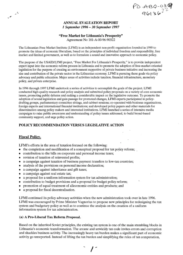 Annual evaluation report, 1 September 1996-30 September 1997 : free market for Lithuania's prosperity -- agreement no. 181-A-00-96-90322