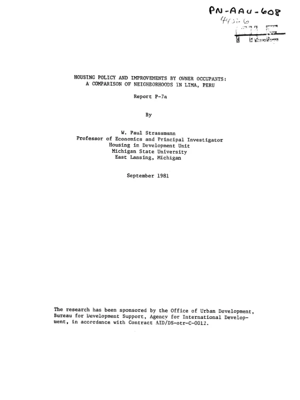 Housing policy and improvements by owner occupants : a comparison of neighborhoods in Lima, Peru
