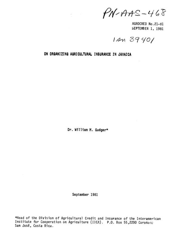 On organizing agricultural insurance in Jamaica