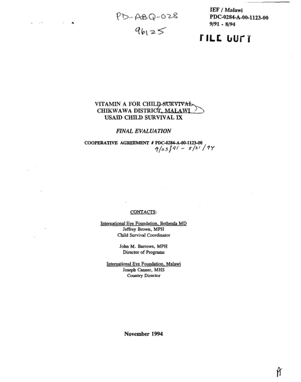 International Eye Foundation : vitamin A for child survival project -- Malawi : evaluation report