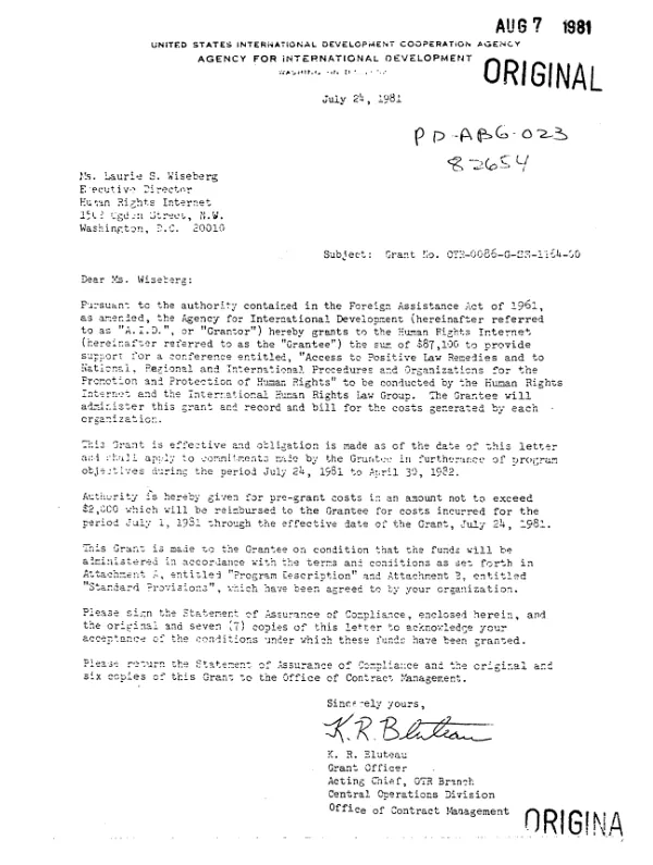 AID grant no OTR-0086-G-SS-1164-00 to Human Rights Internet to provide support for a conference entitled `access to positive law remedies and to national, regional and international procedures and organizations for the promotion and protection of human rights"