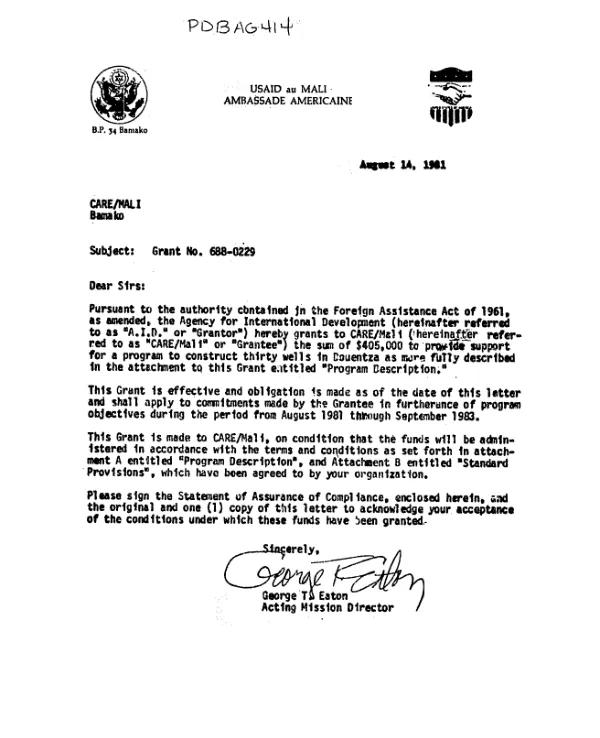 AID grant no. 688-0229 to CARE/Mali to provide support for the construction of thirty wells in the area of the Douentza in Mali