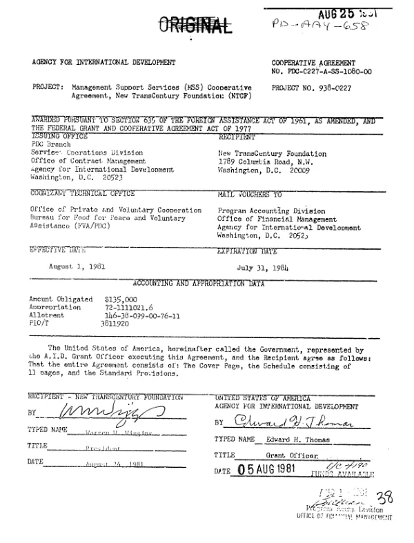 Agency for International Development cooperative agreement no. PDC-0227-A-SS-1080-00, project : management support services (MSS) cooperative agreement, New TransCentury Foundation (NTCF)