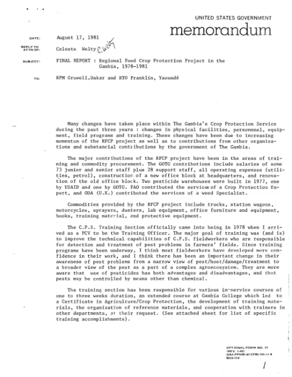 Final report : regional food crop protection project in The Gambia, 1978-1981