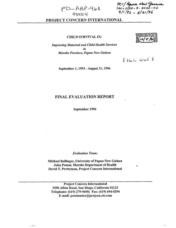 Project Concern International -- child survival IX : improving maternal and child health services in Morobe province, Papua new Guinea -- September 1, 1993-August 31, 1996 : final evaluation report