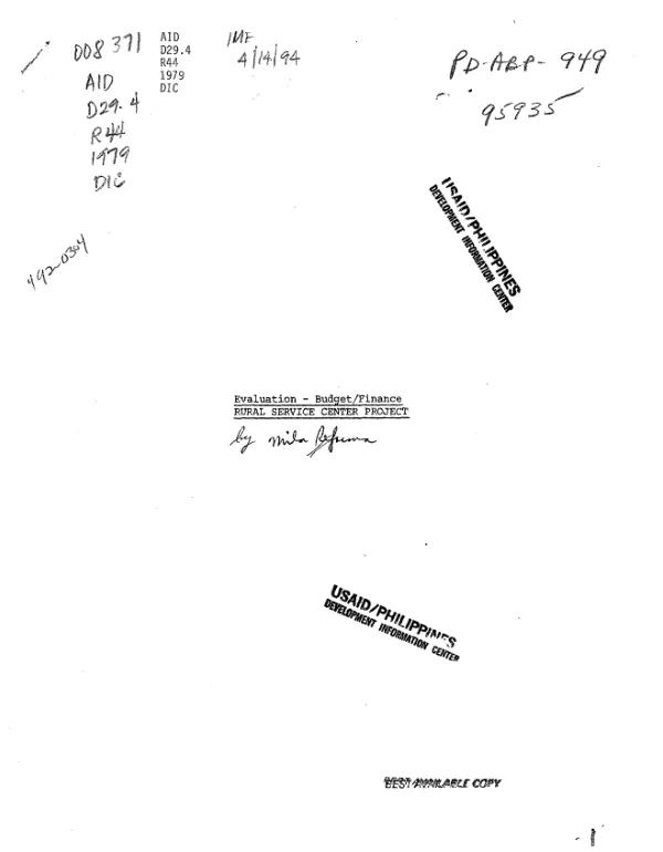 Evaluation : budget/finance -- Rural Service Center project