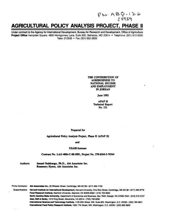 Contribution of agribusiness to national income and employment in Jordan