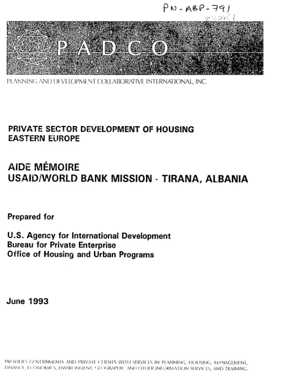 Private sector development of housing, Eastern Europe : final report -- aide memoire : USAID/World Bank mission - Tirana Albania