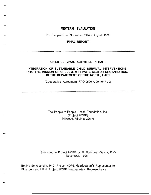 Midterm evaluation for the period of November 1994 - August 1996 -- final report : child survival activities in Haiti -- integration of sustainable child survival interventions into the mission of CRUDEM [Center for Rural Development of Milot], a private sector organization in the Department of the North, Haiti