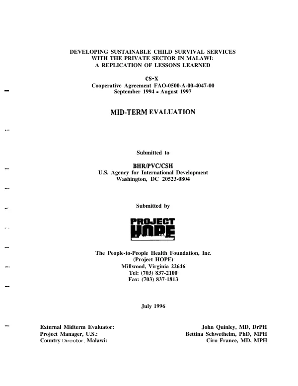 Developing sustainable child survival services with the private sector in Malawi : a replication of lessons learned -- CS-X cooperative agreement FAO-0500-A-00-4047-00, September 1994 - August 1997 : mid-term evaluation