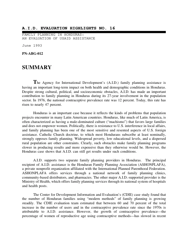 Family planning in Honduras : an evaluation of AID assistance