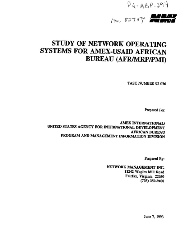Study of network operating systems for AMEX-USAID African Bureau (AFR/MRP/PMI)