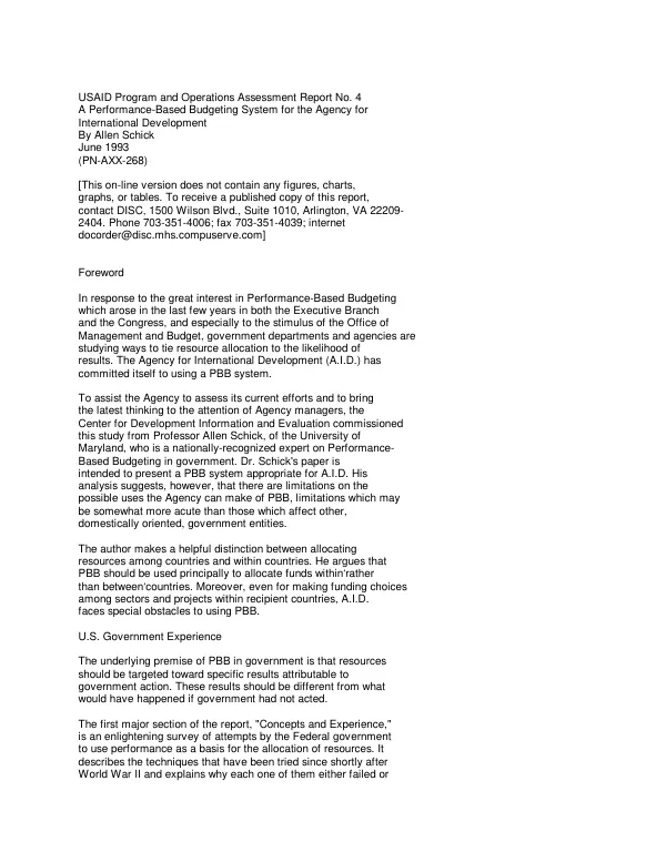 Performance-based budgeting system for the Agency for International Development