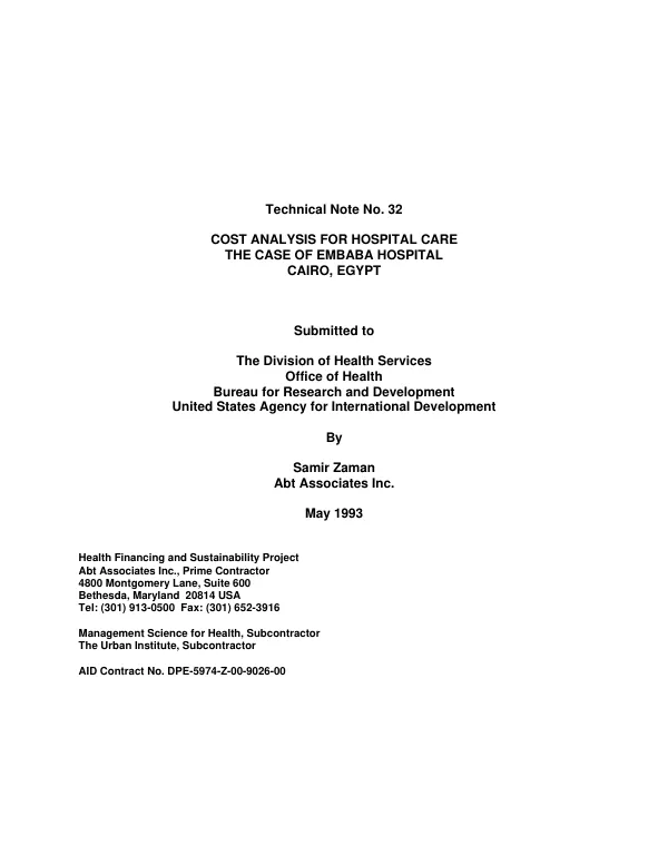 Cost analysis for hospital care : the case of Embaba Hospital, Cairo, Egypt