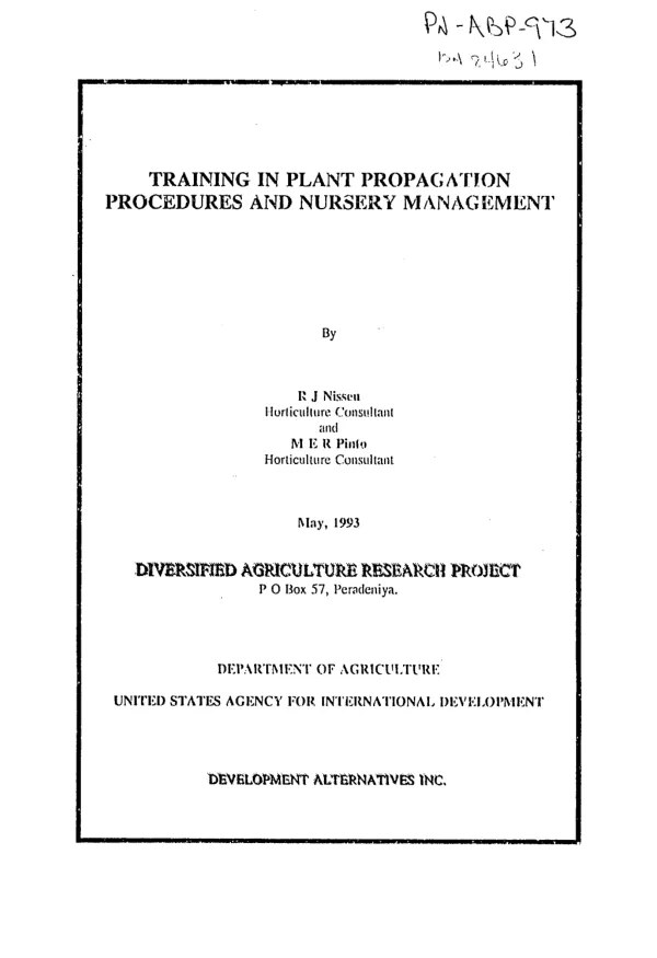 Training in plant propagation procedures and nursery management