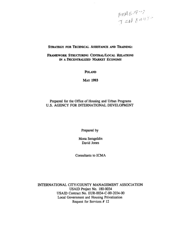 Strategy for technical assistance and training : framework structuring central/local relations in a decentralized market economy