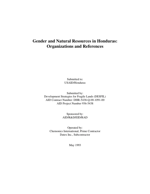 Gender and natural resources in Honduras : organizations and references : gender supplement to social analysis of the National Environment Protection Fund